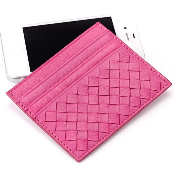 Pink Woven Leather RFID Blocking Card Holder - Image 2