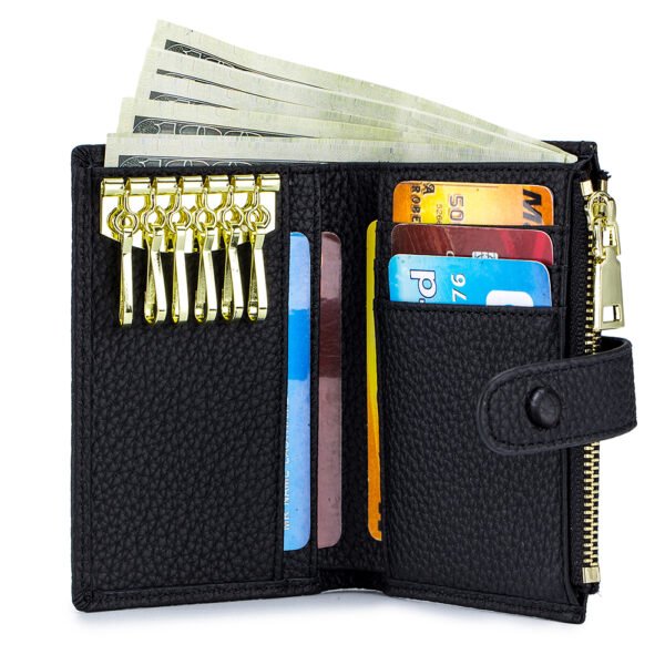 Black Leather Key Holder Button Wallet - Image 4