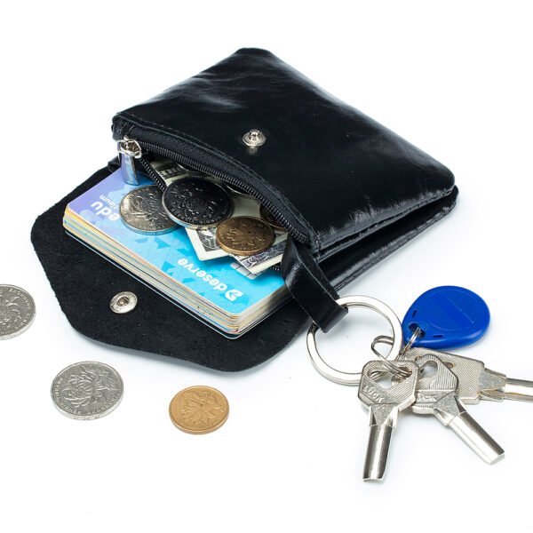 Black Wax Oil Leather Button Coin Pouch - Image 2