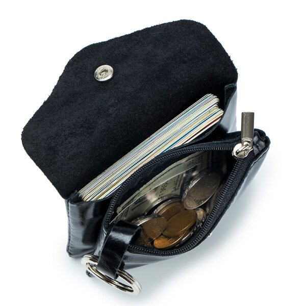 Black Wax Oil Leather Button Coin Pouch - Image 3